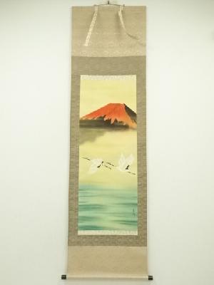 喜峰筆　赤富士飛鶴　肉筆絹本掛軸（共箱）